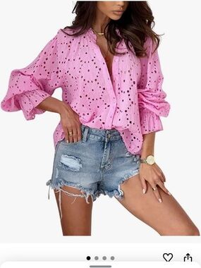 NEW XXL Pink Eyelet Button-Front Women's Top